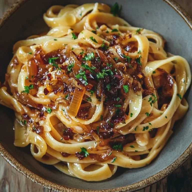 Delicious bowl of caramelized onion pasta with chilli oil topping