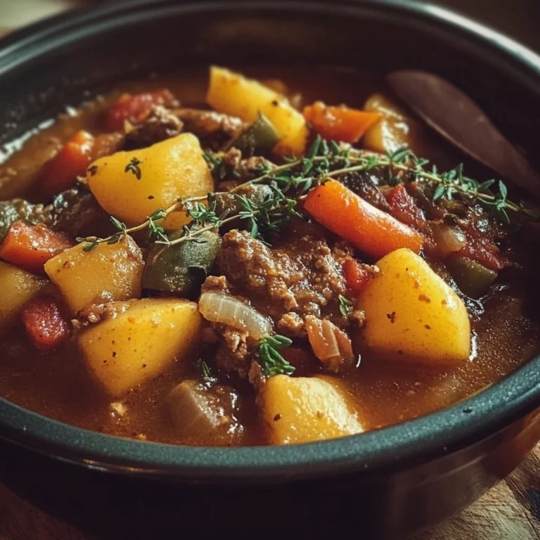 Delicious Crock Pot Shipwreck Stew in a bowl with vegetables and meat.