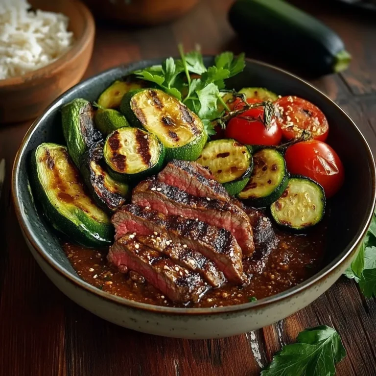Grilled Steak Bowl with Sauce & Grilled Zucchini 4 Delicious Grilled Steak Bowl with sauce and grilled zucchini on a plate