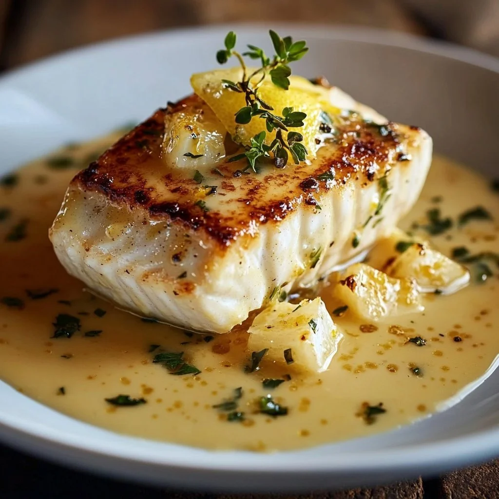 Pan-seared halibut fillet with zesty lemon beurre blanc sauce garnished with herbs