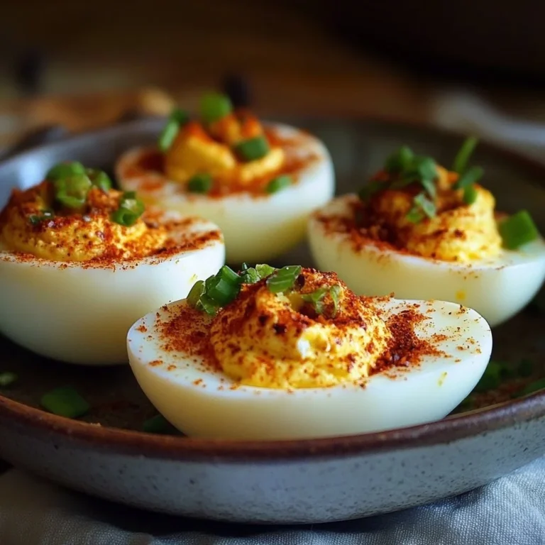Spicy Chili Garlic Deviled Eggs 4 Spicy chili garlic deviled eggs garnished with herbs on a platter.